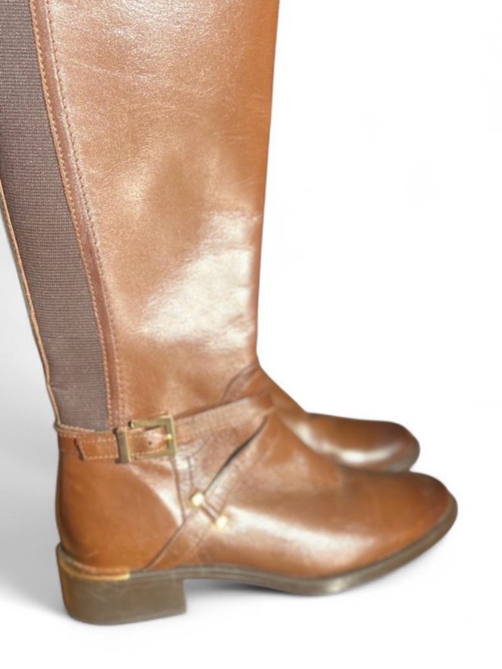 Tall Brown Leather Heeled Riding Boots with Decorative Buckle